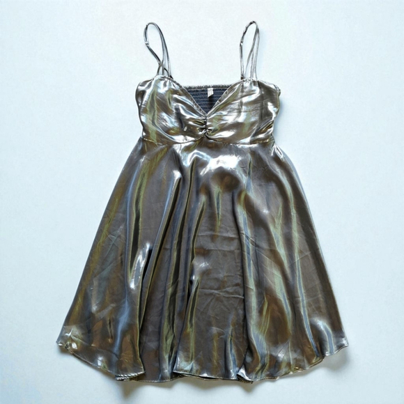 Free People Metallic Silver Mini Dress Sz S – Just Dance Babydoll Slip Y2K Vibes - Picture 4 of 13